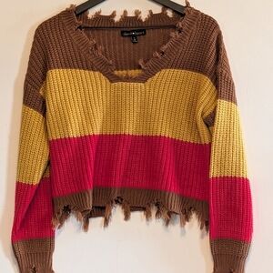 Derek Heart Chunky Striped Distressed V‑Neck Sweater Multicolored Small Concert